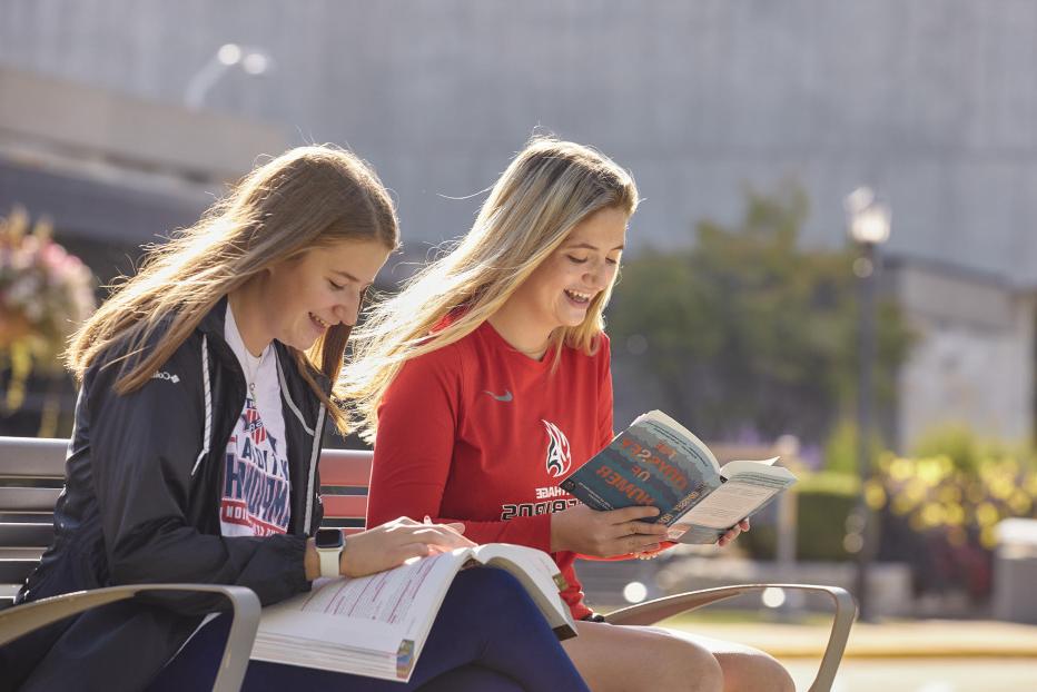 Students studying outside on a bench along campus drive